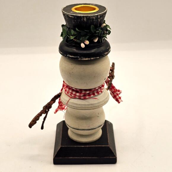 Primitive Snowman Candle Holder Handcrafted Folk Art Christmas Decor Black Hat - Picture 5 of 8